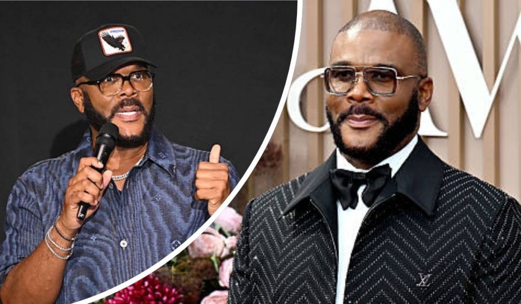 Tyler Perry speaks during an interview wearing a cap and patterned shirt, alongside a red carpet appearance in a black tuxedo.