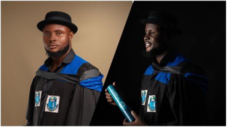 Wonderdtalk dressed in a black graduation gown with blue accents poses proudly. He wears a black hat and displays his certificate holder in one of the shots.