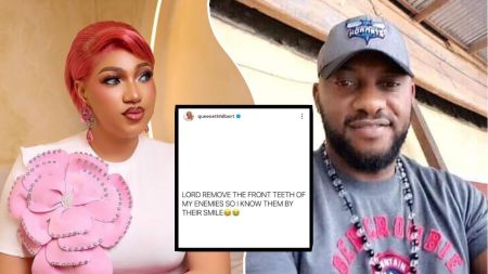 Queeneth Hilbert in a white outfit with a large pink floral design beside Yul Edochie smiling in a grey T-shirt and cap, with Hilbert’s post about recognising enemies by their missing front teeth displayed in the centre.