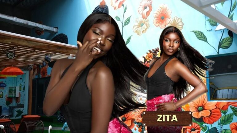 BBNaija Season 10 housemate Zita posing confidently in two shots inside the Big Brother Naija house, wearing a black top and floral skirt with her long hair flowing.