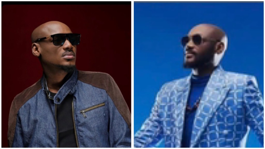 2baba wears a denim jacket against a deep red backdrop; right, he wears a blue patterned suit and turtleneck against a bright blue background.