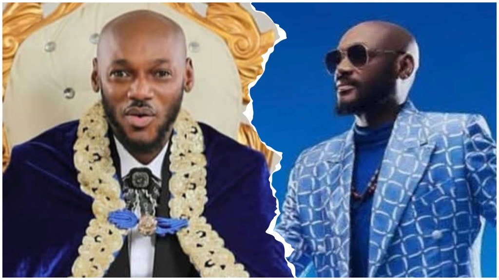 Nigerian singer 2Baba seen in a split collage — on the left, he sits on a gold throne dressed in a royal-style robe with a chain; on the right, he wears a patterned blue suit and sunglasses against a clear blue backdrop.