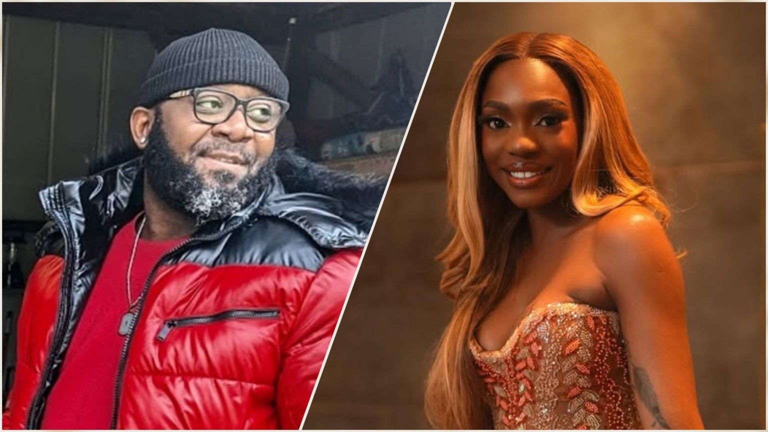 Veteran Nigerian rapper 2shotz dressed in a red puffer jacket and black beanie, smiling while looking aside, pictured beside actress and model Beverly Osu wearing a strapless embellished gown and posing with a bright smile.