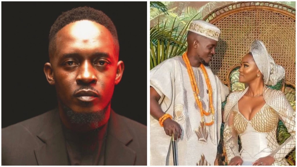 M.I Abaga in black with red rim light and also him and his wife in a Nigerian traditional attire—agbada, coral beads, gele—sharing a warm gaze at a wedding