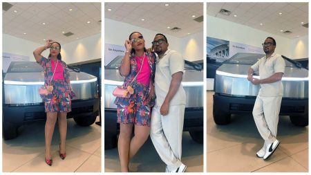 Nigerian gospel singer Ada Ehi and her husband pose proudly in front of their newly acquired Tesla Cybertruck. The couple is seen in stylish outfits, smiling and celebrating their luxury purchase.