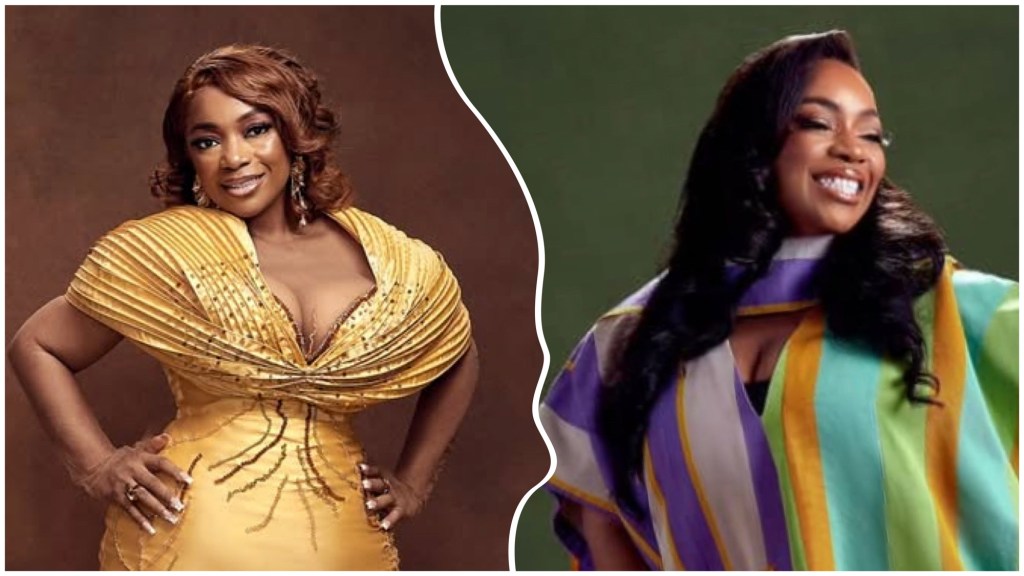 Bimbo Akintola in a gold, beaded corset gown and a colourful striped outfit