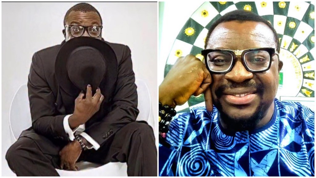 Nigerian comedian Alibaba in two photos — one shows him in a suit hiding behind a hat, and the other shows him smiling in native wear.