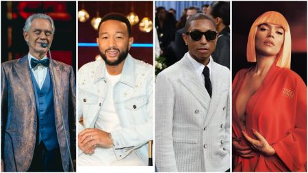 From left to right, Italian opera tenor Andrea Bocelli performing in a patterned suit, American singer John Legend smiling in a light denim jacket, producer Pharrell Williams wearing a textured white suit with black tie and sunglasses, and Colombian singer Karol G posing in a bold red robe.