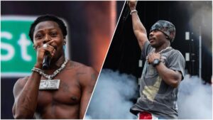 Alternative text: Side-by-side shots of Nigerian singer Asake performing on stage. On the left, he is shirtless holding a microphone, wearing a large chain necklace. On the right, he is dressed in a grey T-shirt and patterned beanie, raising one arm while singing amidst stage smoke.