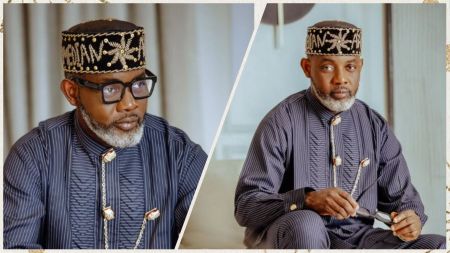 Two portraits of a bearded Nigerian comedian in a black-and-gold embroidered cap and navy pinstripe kaftan; left frame is a close-up, right frame shows him seated indoors holding glasses.