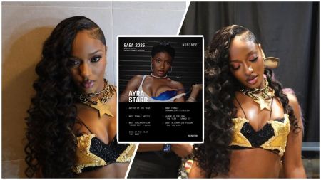 Nigerian singer Ayra Starr stuns in a bold black and gold beaded outfit, accessorised with layered gold chains and a large star pendant, alongside her nomination poster for the 2025 Africa Arts Entertainment Awards.