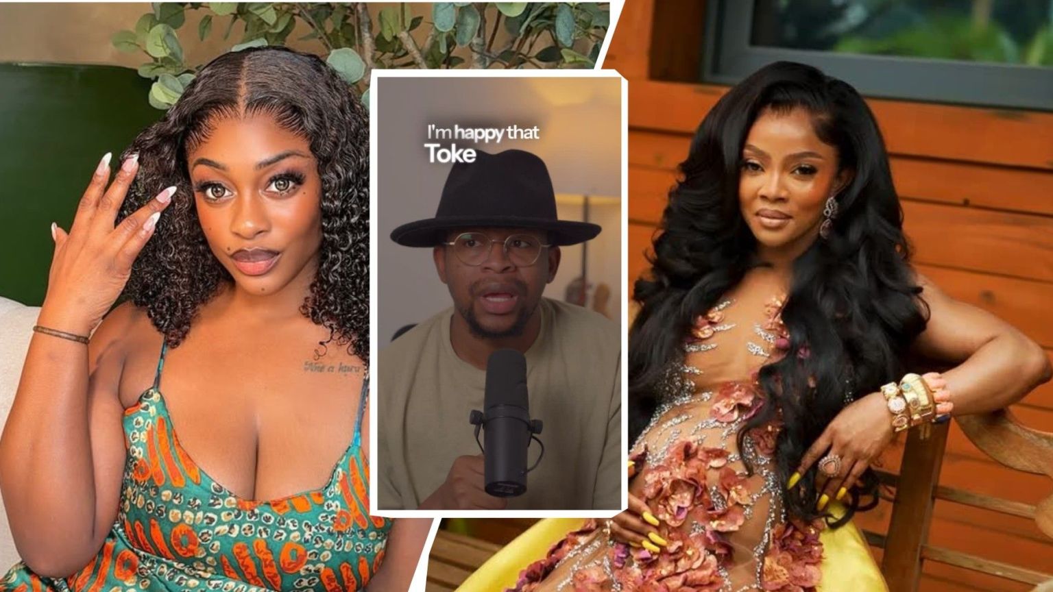 BBNaija star Uriel Ngozi Oputa poses in a vibrant dress, Solomon Buchi speaks in a video podcast, and Toke Makinwa stuns in an embellished floral gown while seated outdoors.