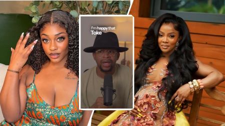 BBNaija star Uriel Ngozi Oputa poses in a vibrant dress, Solomon Buchi speaks in a video podcast, and Toke Makinwa stuns in an embellished floral gown while seated outdoors.