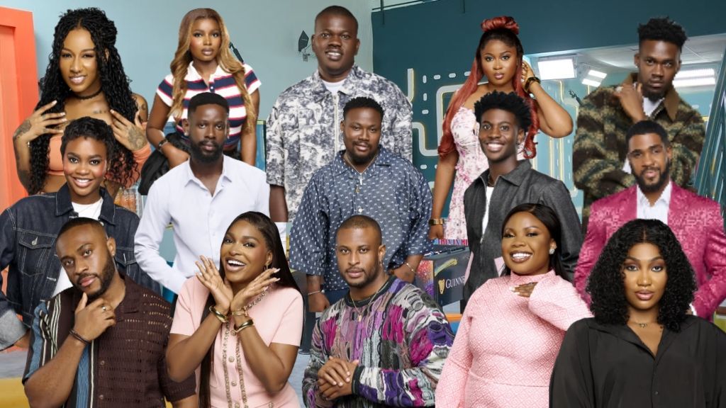 Group photo of Big Brother Naija Season 10 housemates posing inside the BBNaija house. The contestants, dressed in stylish outfits, include both male and female housemates standing and seated together in a colourful lounge setting.