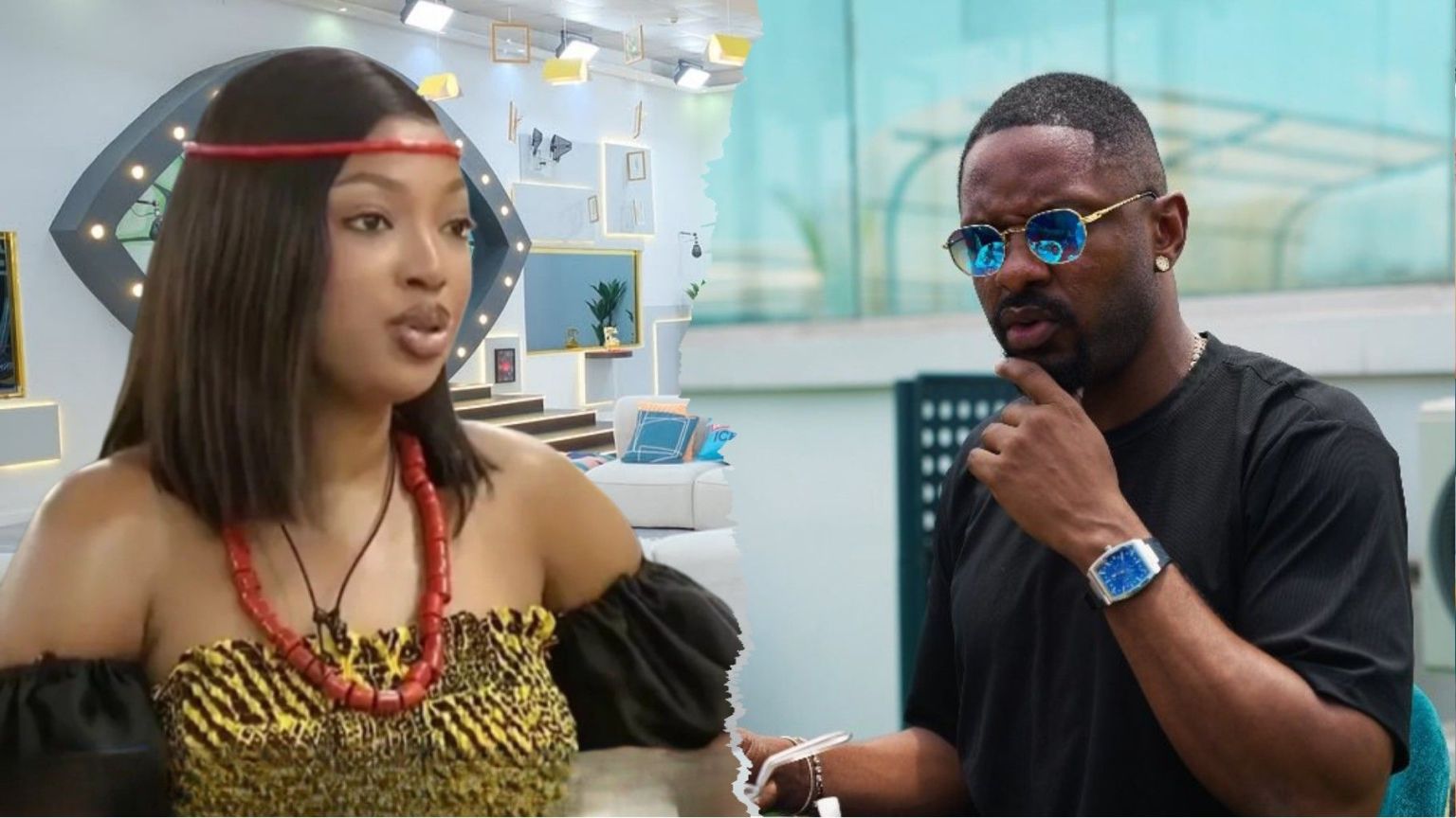 Big Brother Naija stars Mide and Cross pictured side by side, with Mide dressed in a traditional outfit accessorised with red coral beads, while Cross appears thoughtful in a black T-shirt and blue-tinted sunglasses.