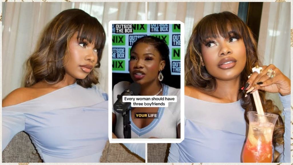 Nigerian reality TV star Tacha Akide stuns in a stylish blue off-shoulder dress while posing indoors, with a drink in hand. An inset shows her speaking on a podcast where she boldly stated, “Every woman should have three boyfriends.”