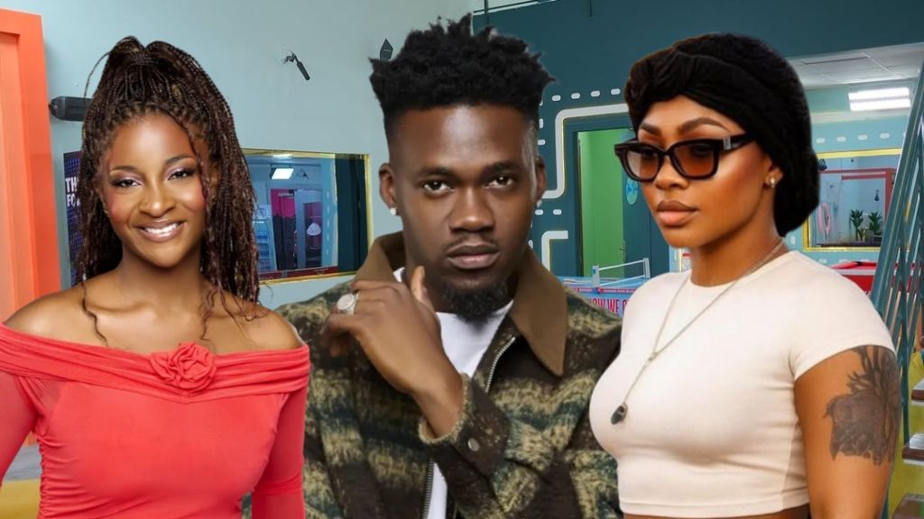 Big Brother Naija Season 10 housemates Big Soso, Jason Jae, and Sultana pose inside the BBNaija house lounge. Big Soso smiles in a red off-shoulder dress, Jason Jae stands in the middle with a serious look, and Sultana appears stylish in a beige top with dark sunglasses.