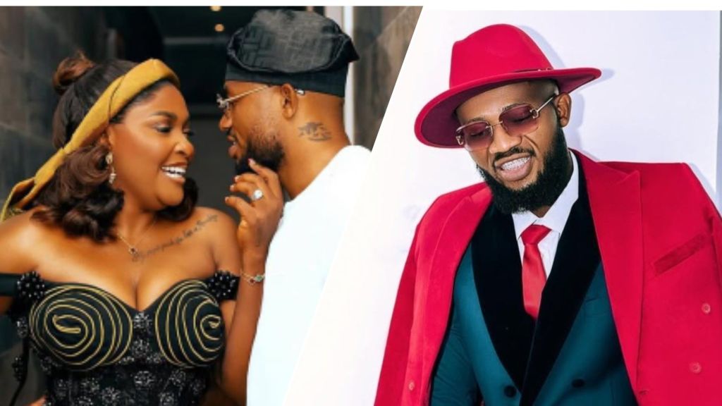 Split image of Blessing CEO with her partner IVD smiling closely together, and IVD posing separately in a red suit and matching hat.