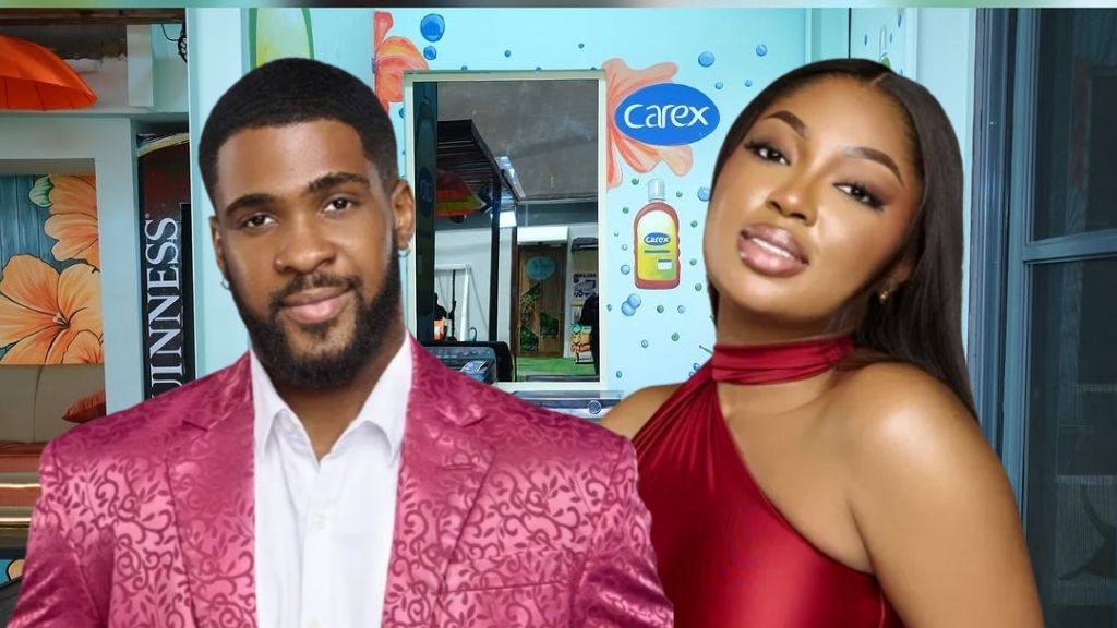 BBNaija Season 10 housemates Bright Morgan and Mide posing together inside the Big Brother Naija house.