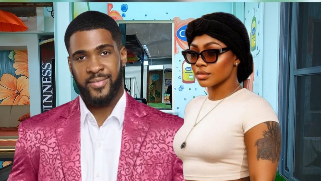 Bright Morgan in a patterned pink suit jacket stands beside Sultana, who wears a beige fitted top, dark sunglasses, and a black headwrap, with a floral and branded Big Brother Naija house background.