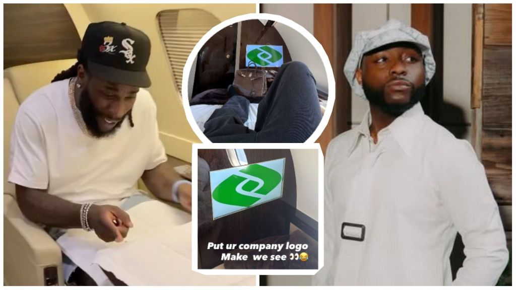 Burna Boy smiling inside a private jet, Davido in a white outfit looking sideways, and screenshots from Davido’s post showing the interior of a jet with a visible logo.