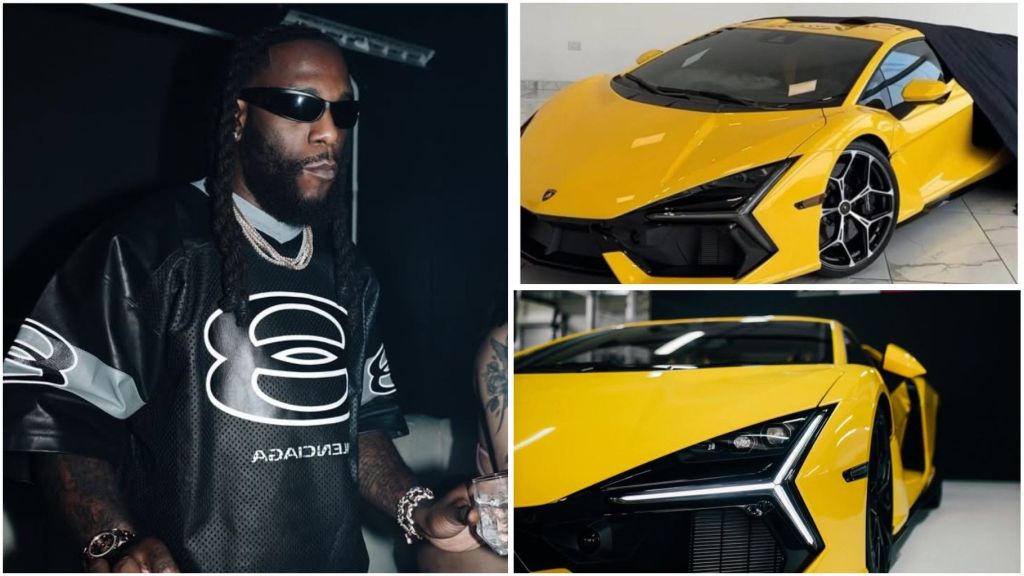 Nigerian singer Burna Boy poses in a black Balenciaga shirt and sunglasses, alongside his luxury yellow Lamborghini Revuelto. The sports car, captured in close-up shots, highlights its sleek design and sharp headlights.