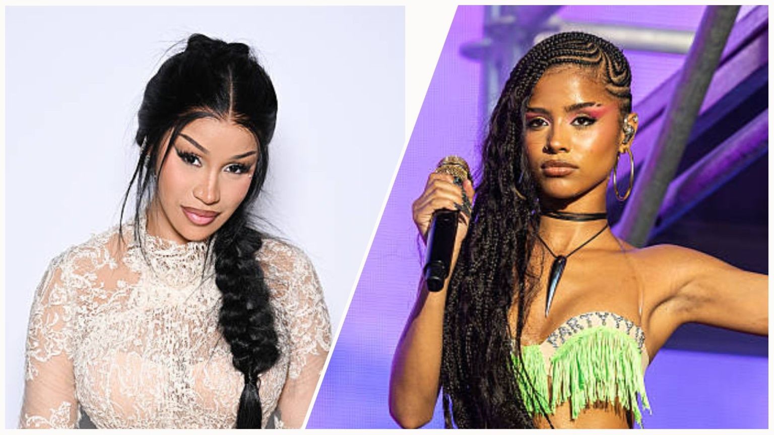 Collage featuring American rapper Cardi B in a white lace dress with a long braided hairstyle, alongside South African singer Tyla performing on stage in a green fringe crop top and hoop earrings.