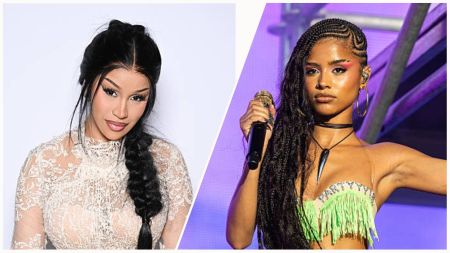 Collage featuring American rapper Cardi B in a white lace dress with a long braided hairstyle, alongside South African singer Tyla performing on stage in a green fringe crop top and hoop earrings.
