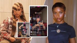 A collage featuring Cardi B and Ayra Starr. On the left, Cardi B poses in a plaid jacket with long straight hair styled in a dramatic fringe. The centre shows a screenshot of Cardi B during an Instagram Live session, reading comments on her phone while wearing a black graphic T-shirt. On the right, Ayra Starr stands in a black Tommy Jeans T-shirt with short hair, looking directly at the camera.