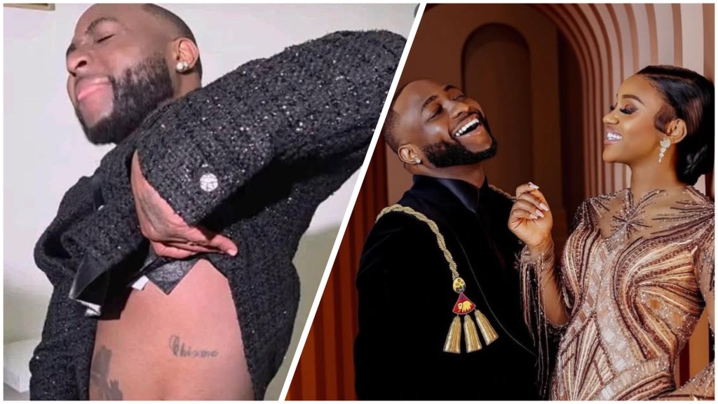 Davido showing a side tattoo of the name “Chioma” alongside a photo of him smiling with his wife Chioma, both dressed in elegant outfits.