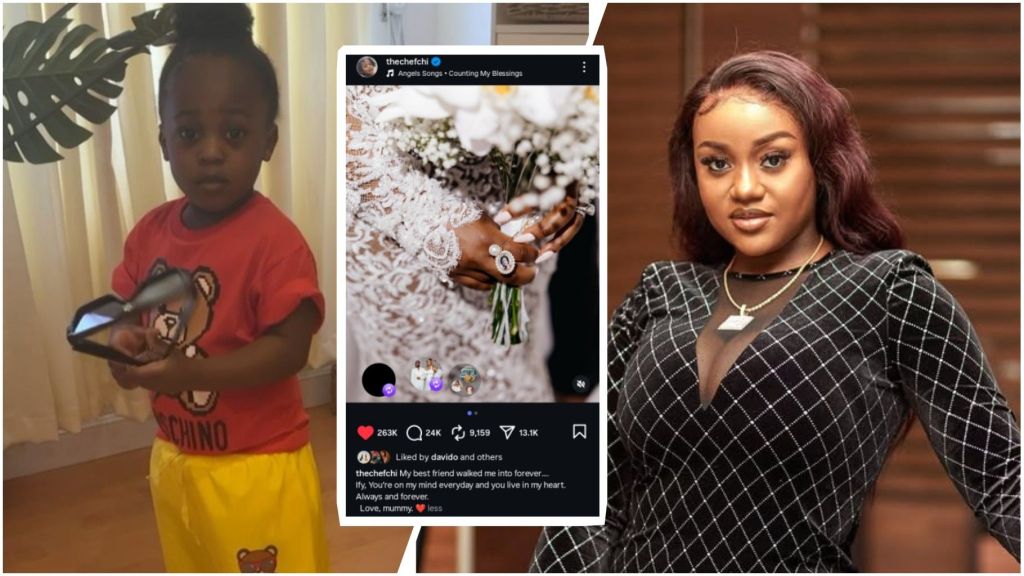 Collage with three panels: left, a toddler in a red Moschino T-shirt and yellow Moschino shorts holds sunglasses; centre, a close-up of a bride’s hand in lace holding a white bouquet with a pearl photo charm; right, a woman in a black, diamond-pattern dress poses indoors.