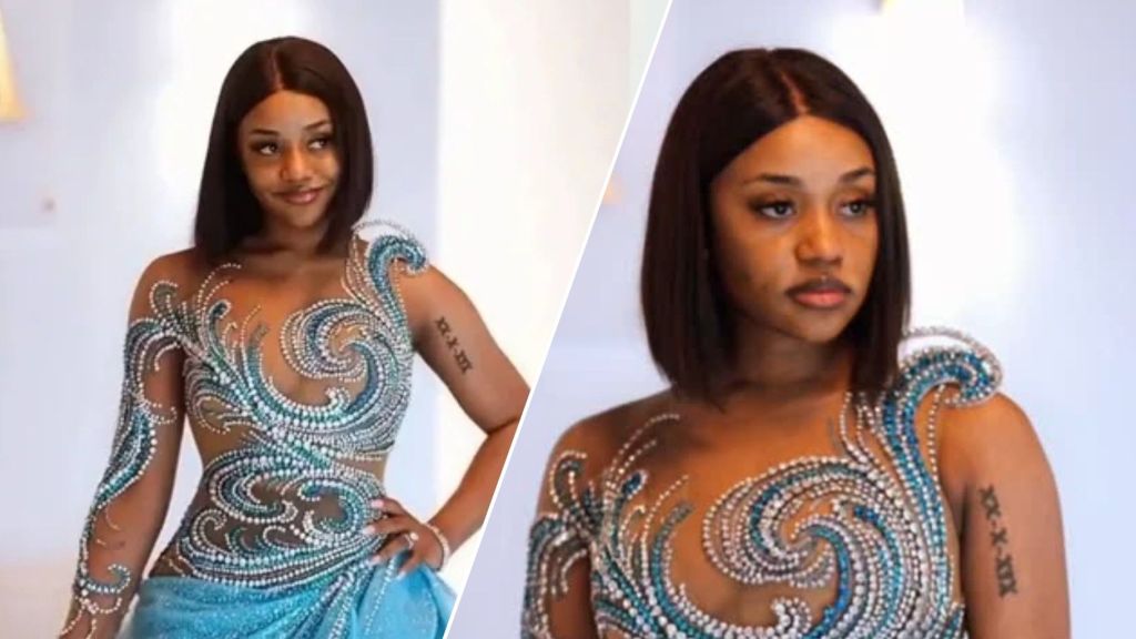 Chioma Adeleke stuns in a sheer, crystal-embellished blue gown, revealing a Roman numeral tattoo on her arm that signifies the birth date of her late son.