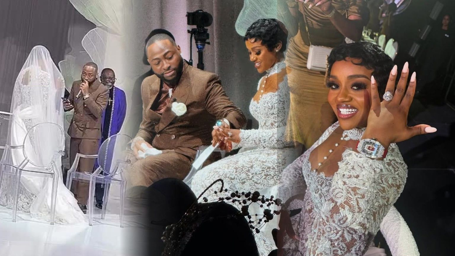 Nigerian singer Davido and his bride Chioma at their wedding ceremony — exchanging vows, cutting their cake together, and Chioma showing off her diamond ring while smiling in a lace wedding gown.