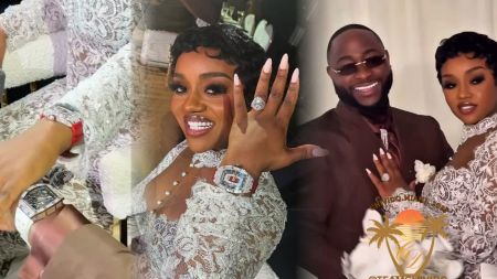 Chioma beams while showing off her diamond ring and luxury Richard Mille wristwatch, a gift from her husband Davido, with the couple posing happily in their wedding attire.