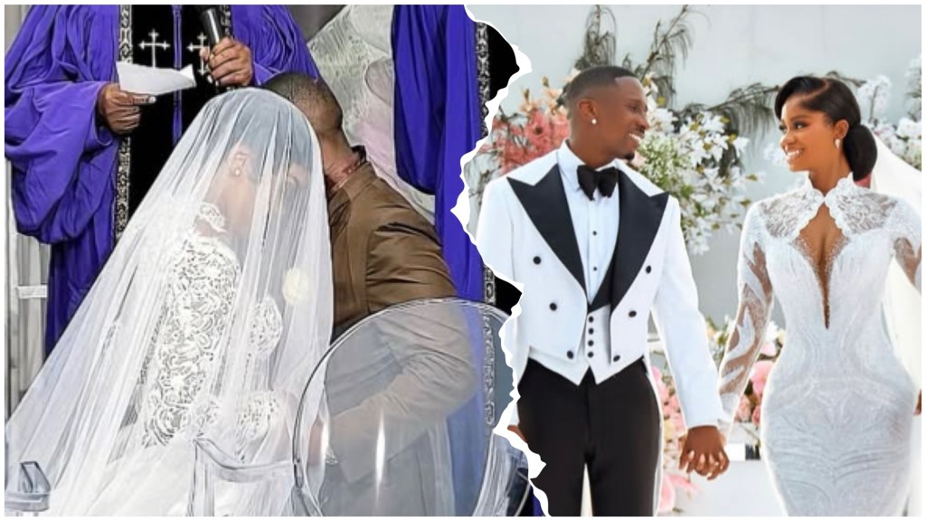 Chioma and David kneeling before a robed officiant; Juma and Priscilla hand in hand, smiling—groom in a white tux jacket, bride in a fitted lace dress with floral décor behind