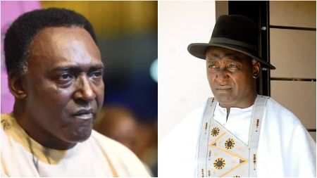 Nigerian veteran actor Clem Ohameze in a side-by-side collage, showing him in two different outfits — one in a plain traditional attire and the other in a white native attire with a black hat.