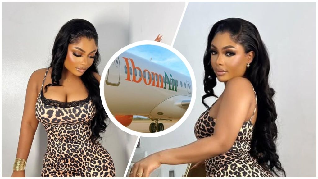 Socialite Comfort Emmanson poses in a leopard-print dress, with an Ibom Air aircraft pictured in the background.