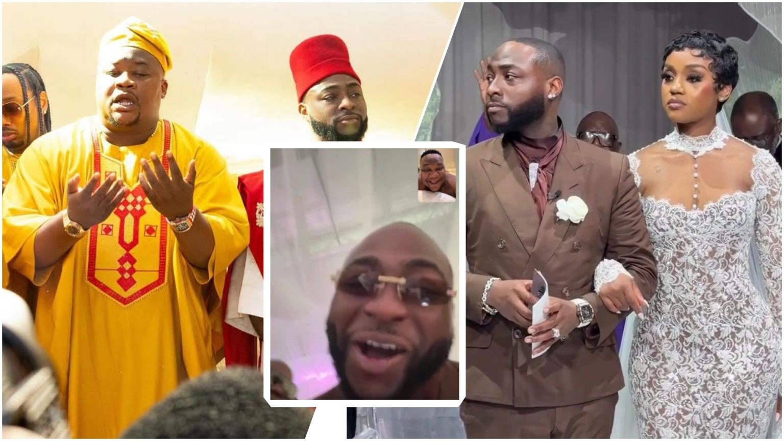 Cubana Chief Priest, Davido, and Chioma, with an inset showing Chief Priest and Davido having a video call during Davido and Chioma’s wedding ceremony.