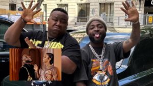 Main image shows Nigerian singer Davido and nightlife entrepreneur Cubana Chief Priest posing playfully outdoors, both raising their hands with Davido sticking out his tongue. In the inset, Davido is seen smiling warmly at his wife Chioma, who is dressed in a glamorous outfit, as they share a joyful moment together.