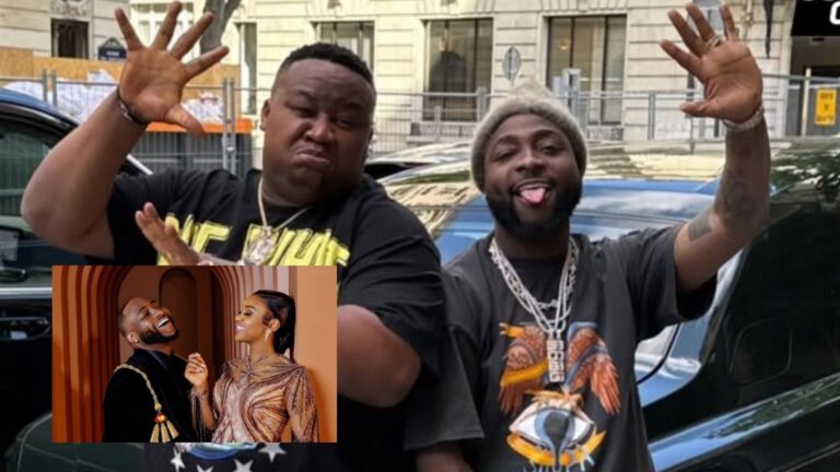 Main image shows Nigerian singer Davido and nightlife entrepreneur Cubana Chief Priest posing playfully outdoors, both raising their hands with Davido sticking out his tongue. In the inset, Davido is seen smiling warmly at his wife Chioma, who is dressed in a glamorous outfit, as they share a joyful moment together.