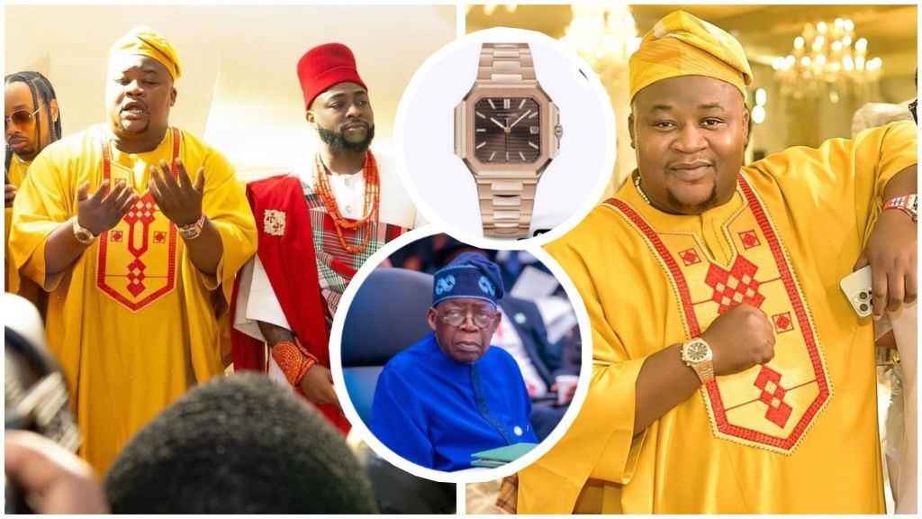 Nigerian socialite Cubana Chief Priest is pictured wearing a yellow agbada while showing off an expensive wristwatch, alongside Afrobeats star Davido in red traditional attire. The collage also features an inset of Nigerian President Bola Ahmed Tinubu in blue agbada and another shot of Cubana Chief Priest posing with his watch.