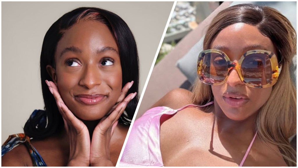 DJ Cuppy smiles playfully and relaxes in a pink swimsuit under thinusun