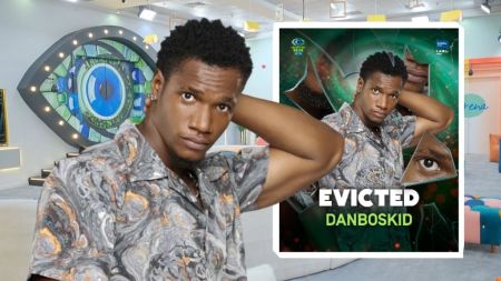 BBNaija Season 10 housemate Danboskid in a patterned shirt, with an inset graphic announcing his eviction from the show.