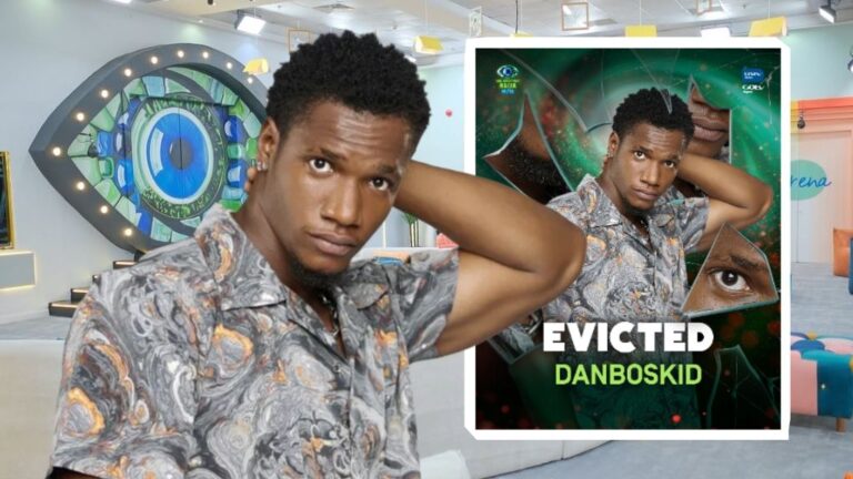BBNaija Season 10 housemate Danboskid in a patterned shirt, with an inset graphic announcing his eviction from the show.