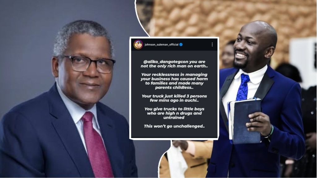 Aliko Dangote and Apostle Johnson Suleman pictured side by side, with Suleman’s Instagram post displayed, accusing Dangote of mismanaging his business after a reported truck accident that claimed lives.