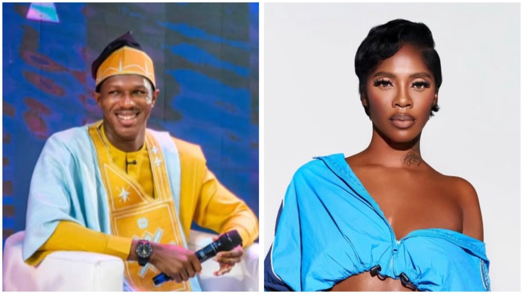 Daniel Regha smiles in yellow-and-blue agbada, holding a microphone on a TV set; Tiwa Savage faces the camera in a blue off-shoulder top.
