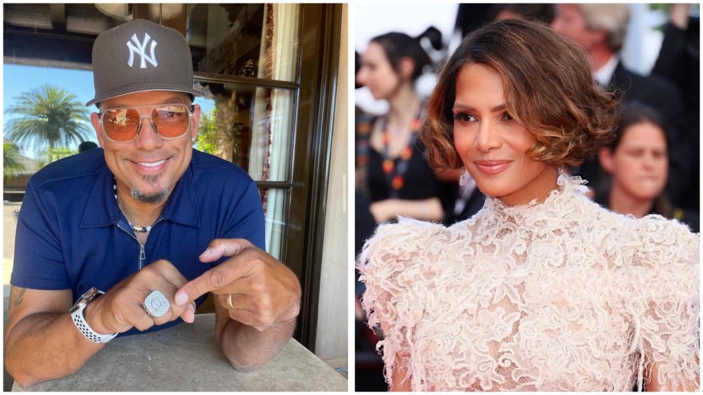 Former baseball player David Justice smiling in a casual outfit and cap, alongside actress Halle Berry posing elegantly in a lace dress on the red carpet.