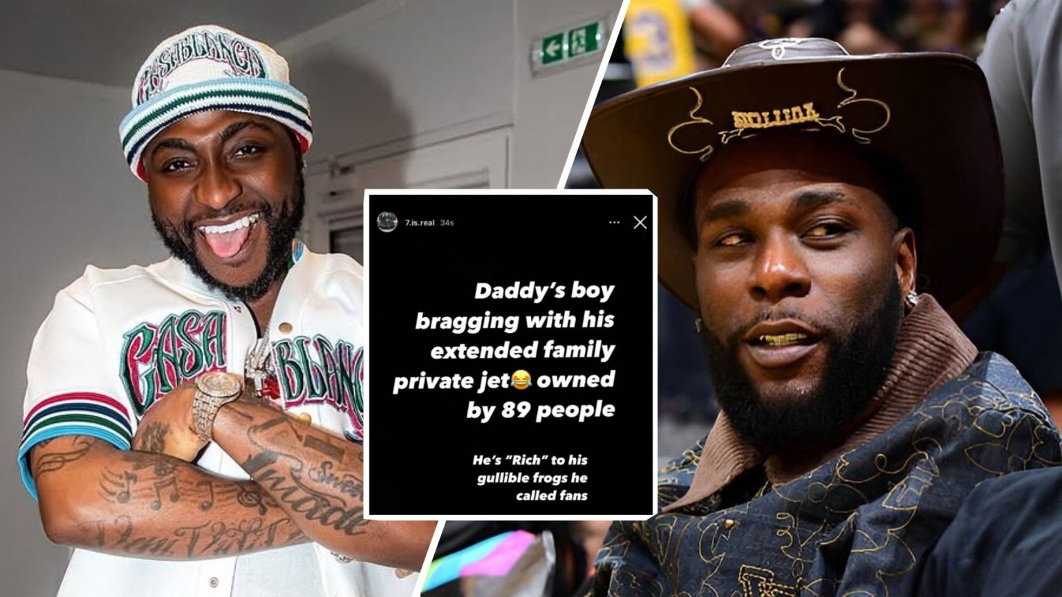 Nigerian music stars Davido and Burna Boy pictured side by side, with Burna Boy’s Instagram post mocking Davido’s private jet ownership displayed in the centre.