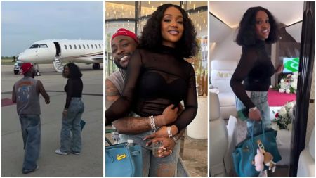 Three-photo collage of Nigerian singer Davido and his wife Chioma. In the first image, they walk toward a private jet on an airport runway. The second shows Davido hugging Chioma from behind as they smile indoors. In the third, Chioma steps into a jet decorated with flowers, holding a blue designer bag.