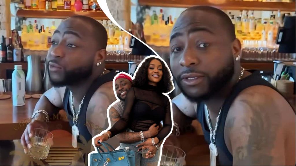 Collage of Nigerian singer Davido and his wife Chioma. The background shows Davido at a bar in a black sleeveless top, holding a glass of drink and speaking. In the foreground, an inset of Davido hugging Chioma from behind as she smiles, holding a blue designer bag.